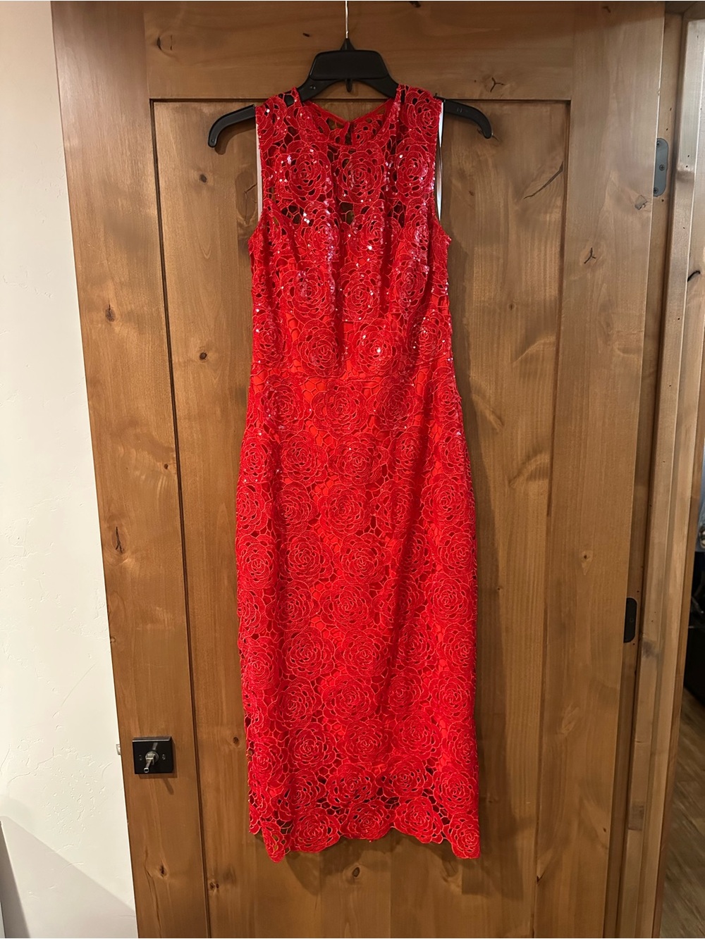 Monique Lhuillier Red Sleeveless Sequin Lace Midi Dress
